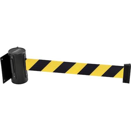 Global Industrial Wall Mount Retractable Belt Barrier, Black Case W/7-1/2' Black/Yellow Belt 708410YB